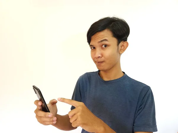 Wow Surprise Face Asian Man Use Smartphone Copy Space Advertisement — Photo