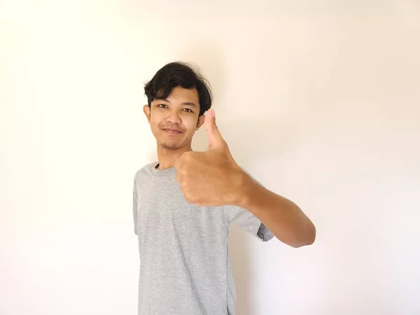 Happy Asian Man Shows Thumb Good Hand Sign Isolated White — Stock Photo, Image