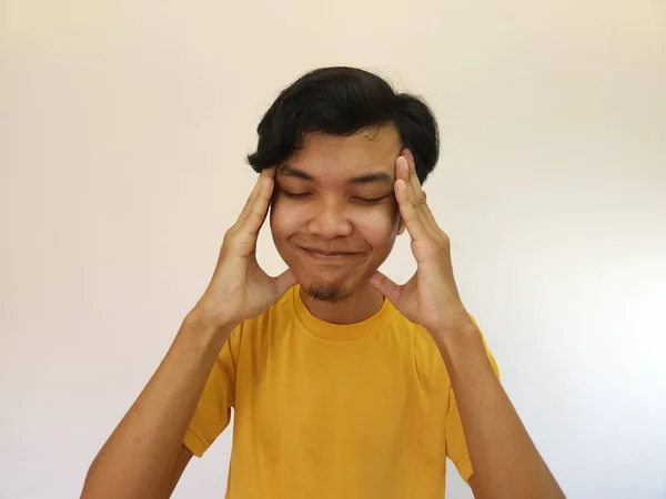 Asian Man Holding His Head Studio Portrait Painful Headache Man — Stock Photo, Image