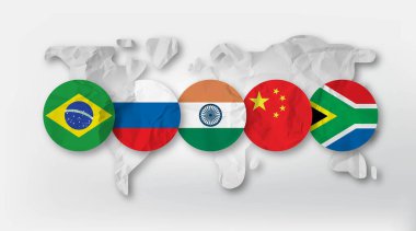 Brezilya Rusya Hindistan Çin ve Güney Afrika BRICS ekonomik işbirliği kavramı için dünya haritasında bayrak