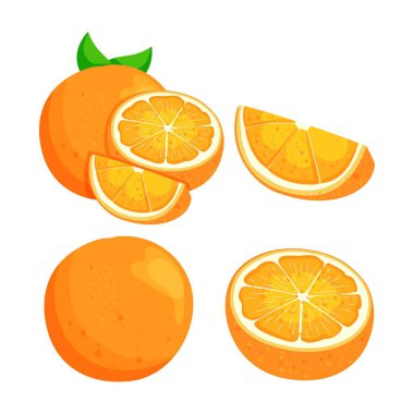Turuncu. Taze, yarım dilimlenmiş, beyaz arka planda izole edilmiş turuncu meyve seti. Organik meyve