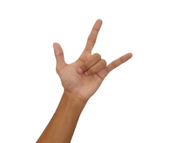 Adam el rocker izole beyaz zemin üzerinde. Şeytan boynuzu jest veren el
