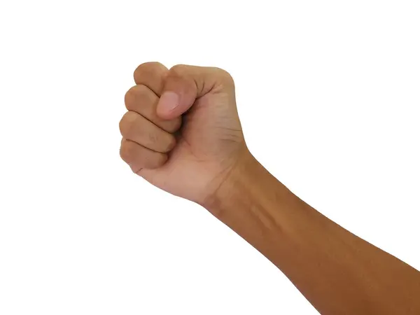 Erkek yumruğu, beyaz bir arka planda, yumruğu olan bir erkek eli. Alfa. Protesto