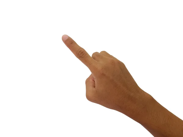 Man Pointing Something White Background Closeup Hand — Stock Photo, Image