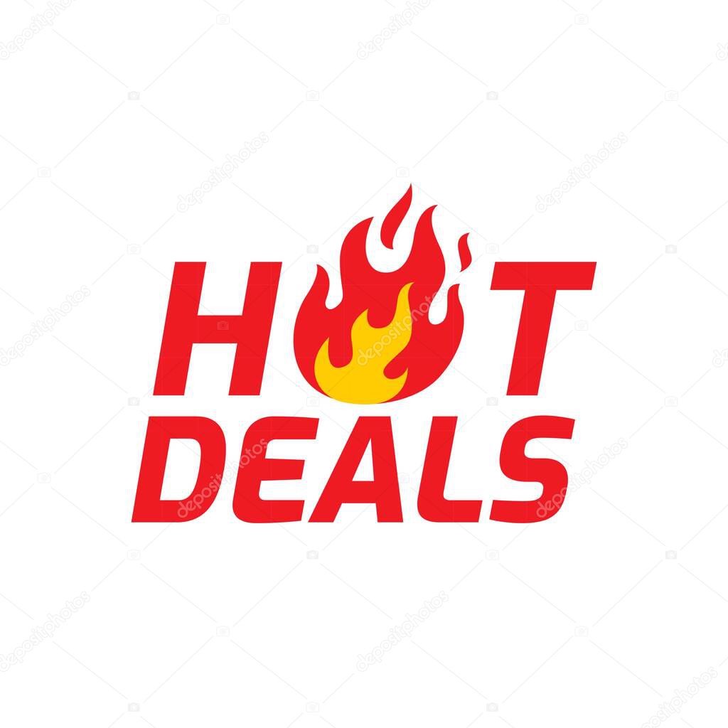 Hot Deals vector icon. Flat promotion fire banner, price tag, hot deal, sale, offer, price. Isolated on a white background