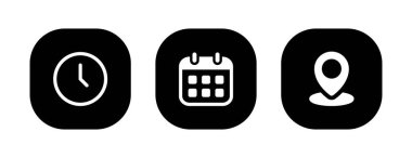Kare arkaplanda izole edilmiş zaman, tarih ve adres simgesi vektörü