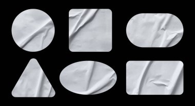 Kağıt desenli çeşitli şekillerde çıkartmalar. Retro etiket, etiket ve tasarım ögesi için yapıştırılmış etiket.