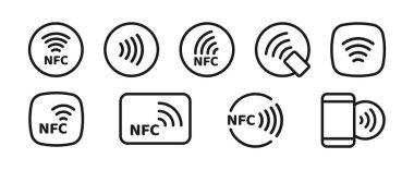 NFC ödeme ikonu ayarlandı. Temassız kablosuz ödeme işareti. NFC teknoloji ikonu. Kredi kartı NFC ödemesi. Düzenlenebilir felç. Vektör satırı simgesi