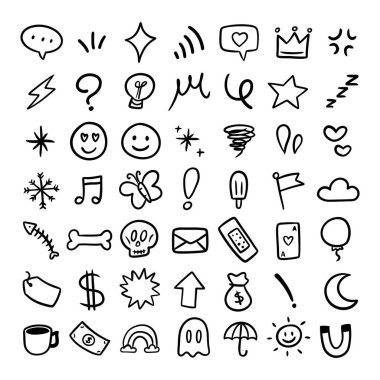 El çizimi emoji sembolü simgesi. Sade. Yıldızlar, kalpler, gümüş, taç, güneş gibi. Arkaplan renklerini ayır. Resim, vektör