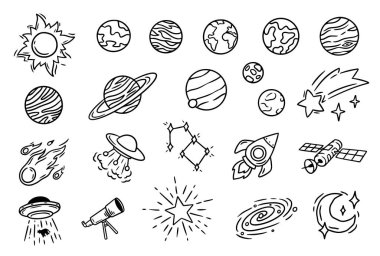Uzay karalama seti. El çizimi dış uzay illüstrasyon koleksiyonu