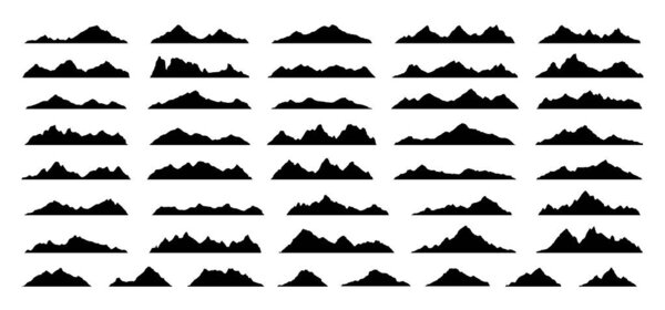Mountains silhouettes on the white background. Rocky terrain natural landscape for scenery. Vector set of outdoor design elements. Mountains and alpine peaks.