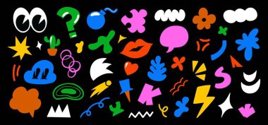 Retro Groovy Grafikleri ve Vintage Vector Illustrations. Renkli Retro Desenler ve Şekiller Geometrik Çizimler, Karalamalar, Psikedelik Estetik. Geometrik Şekiller