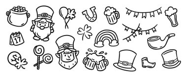 Doodle St. Patrick Günü illüstrasyonu. El yapımı leprikon, yaprak örtüsü ve Aziz Patrick Günü elemanı karakter vektörü.