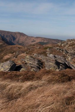 Sonbaharda güneşli bir günde mavi gökyüzünün altındaki dağların manzarası