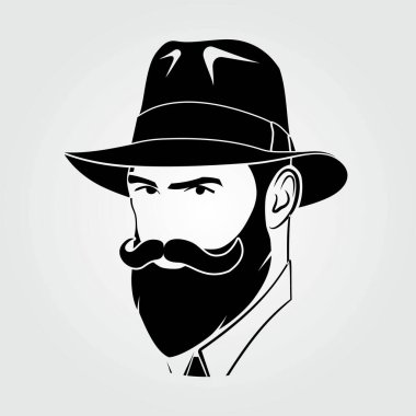 Fötr şapkalı sakallı yakışıklı adamlar. Hippi yüz simgesi izole edildi. Vektör illüstrasyonu