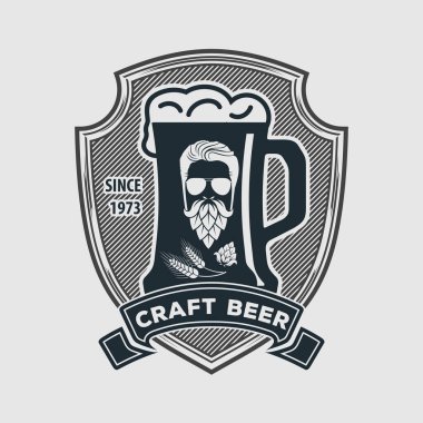 Craft Beer, Otantik Bira Fabrikası logosu tasarım şablonu. Sakallı ve zıplama külahından yapılma. Vektör illüstrasyonu