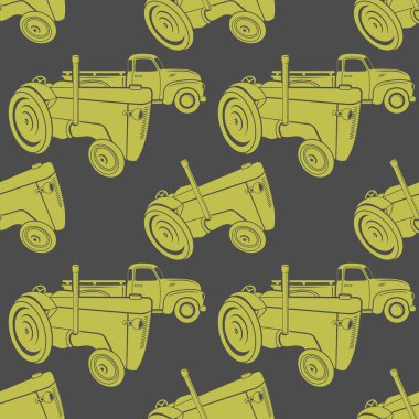  Retro farm agricultural tractor and Vintage pickup, truck seamless pattern. Vector illustration