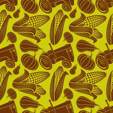 Retro farm agricultural tractor, corn and pumpkin seamless pattern. Vector illustration 