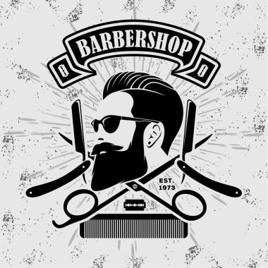 Berber dükkanı posteri, sakallı adamlarla birlikte afiş. Vektör illüstrasyonu