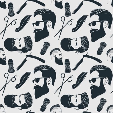 Kuaför makasıyla, jiletle, makasla ve tarakla berber dükkanında kusursuz desen. Vektör illüstrasyonu