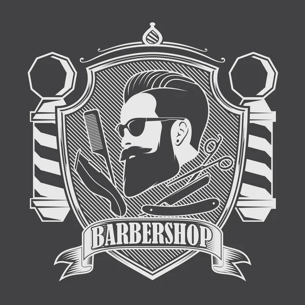 Barbershop Logo Plakat Oder Bannerdesign Konzept Mit Friseurstange Und Bärtigen — Stockvektor