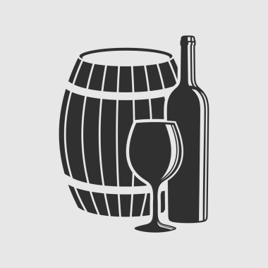 Şarap fıçısı, beyaz arka planda izole edilmiş şişe ve şarap kadehi. Vektör illüstrasyonu