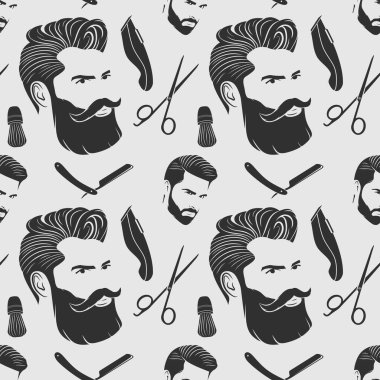 Berber dükkanı, berber suratlı, kuaför makaslı ve jiletli kusursuz desen. Vektör illüstrasyonu