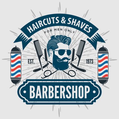 Berber dükkanı logosu, afiş ya da afiş tasarımı konsepti. Berber direği ve sakallı adamlar. Vektör illüstrasyonu