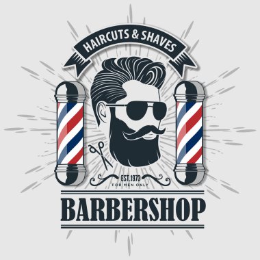 Berber dükkanı logosu, afiş ya da afiş tasarımı konsepti. Berber direği ve sakallı adamlar. Vektör illüstrasyonu
