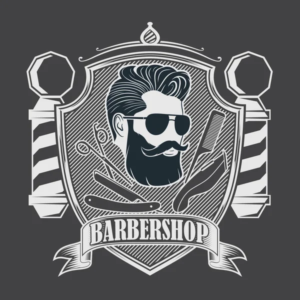 理发店标志 招贴画或横幅设计的概念与理发店杆子和胡子男人 矢量说明 — 图库矢量图片