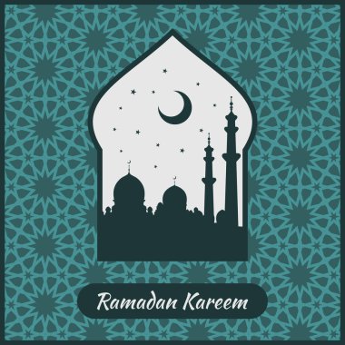 Ramazan Kareem tebrik kartı veya hilal ay ve Arap süs, İslam desen üzerinde Cami silueti ile afiş. Vektör çizimi