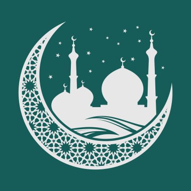 Hilal ayındaki cami silueti. Ramazan Kareem kutlaması için. Vektör illüstrasyonu
