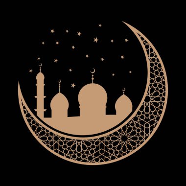 Hilal ayındaki cami silueti. Ramazan Kareem kutlaması için. Vektör illüstrasyonu
