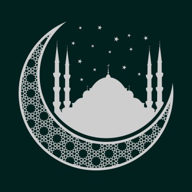 Hilal ayındaki cami silueti. Ramazan Kareem kutlaması için. Vektör illüstrasyonu