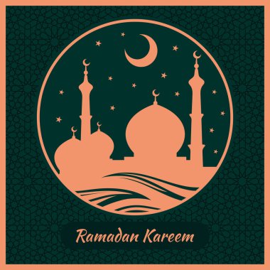 Ramazan Kareem tebrik kartı veya hilal ay ve Arap süs, İslam desen üzerinde Cami silueti ile afiş. Vektör çizimi