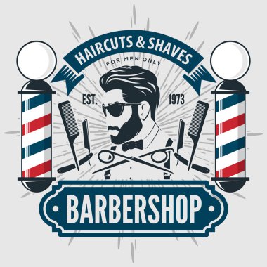 Berber dükkanı logosu, afiş ya da afiş tasarımı konsepti. Berber direği ve sakallı adamlar. Vektör illüstrasyonu