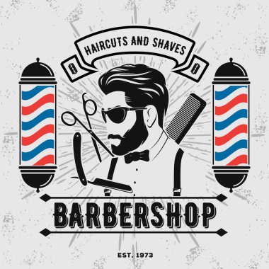 Berber dükkanı logosu, afiş ya da afiş tasarımı konsepti. Berber direği ve sakallı adamlar. Vektör illüstrasyonu