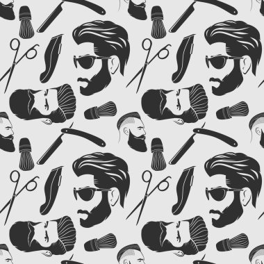 Kuaför makasıyla, jiletle, makasla ve tarakla berber dükkanında kusursuz desen. Vektör illüstrasyonu