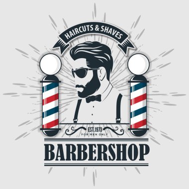 Berber dükkanı logosu, afiş ya da afiş tasarımı konsepti. Berber direği ve sakallı adamlar. Vektör illüstrasyonu