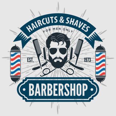 Berber dükkanı logosu, afiş ya da afiş tasarımı konsepti. Berber direği ve sakallı adamlar. Vektör illüstrasyonu