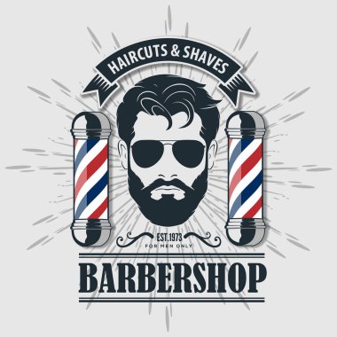 Berber dükkanı logosu, afiş ya da afiş tasarımı konsepti. Berber direği ve sakallı adamlar. Vektör illüstrasyonu