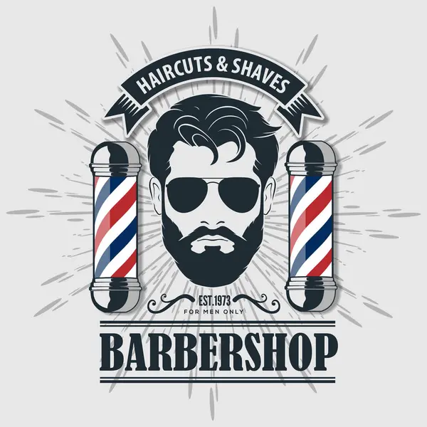 Berber dükkanı logosu, afiş ya da afiş tasarımı konsepti. Berber direği ve sakallı adamlar. Vektör illüstrasyonu