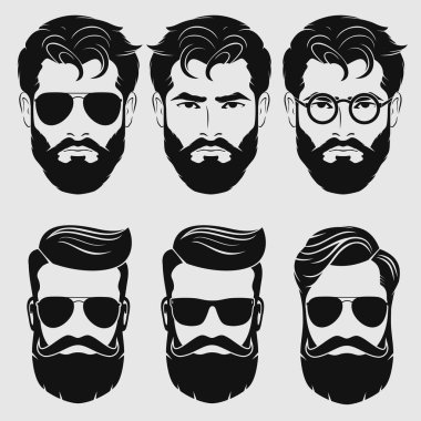 Bir grup vektör sakallı adam hippilerle karşı karşıya. Moda silueti, amblem, simge, etiket. Vektör illüstrasyonu