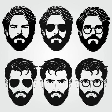 Bir grup vektör sakallı adam hippilerle karşı karşıya. Moda silueti, amblem, simge, etiket. Vektör illüstrasyonu