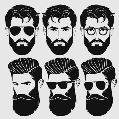 Bir grup vektör sakallı adam hippilerle karşı karşıya. Moda silueti, amblem, simge, etiket. Vektör illüstrasyonu