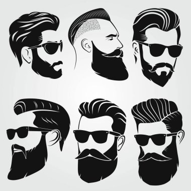 Bir grup vektör sakallı adam hippilerle karşı karşıya. Moda silueti, amblem, simge, etiket. Vektör illüstrasyonu