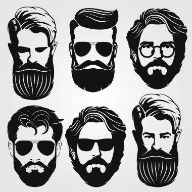 Bir grup vektör sakallı adam hippilerle karşı karşıya. Moda silueti, amblem, simge, etiket. Vektör illüstrasyonu
