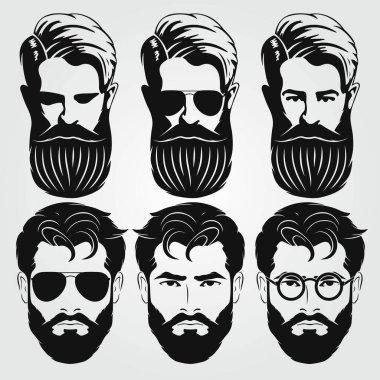 Bir grup vektör sakallı adam hippilerle karşı karşıya. Moda silueti, amblem, simge, etiket. Vektör illüstrasyonu