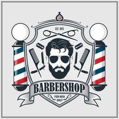 Berber dükkanı logosu, afiş ya da afiş tasarımı konsepti. Berber direği ve sakallı adamlar. Vektör illüstrasyonu