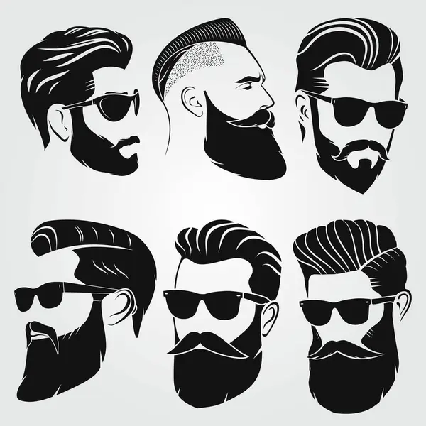 Bir grup vektör sakallı adam hippilerle karşı karşıya. Moda silueti, amblem, simge, etiket. Vektör illüstrasyonu